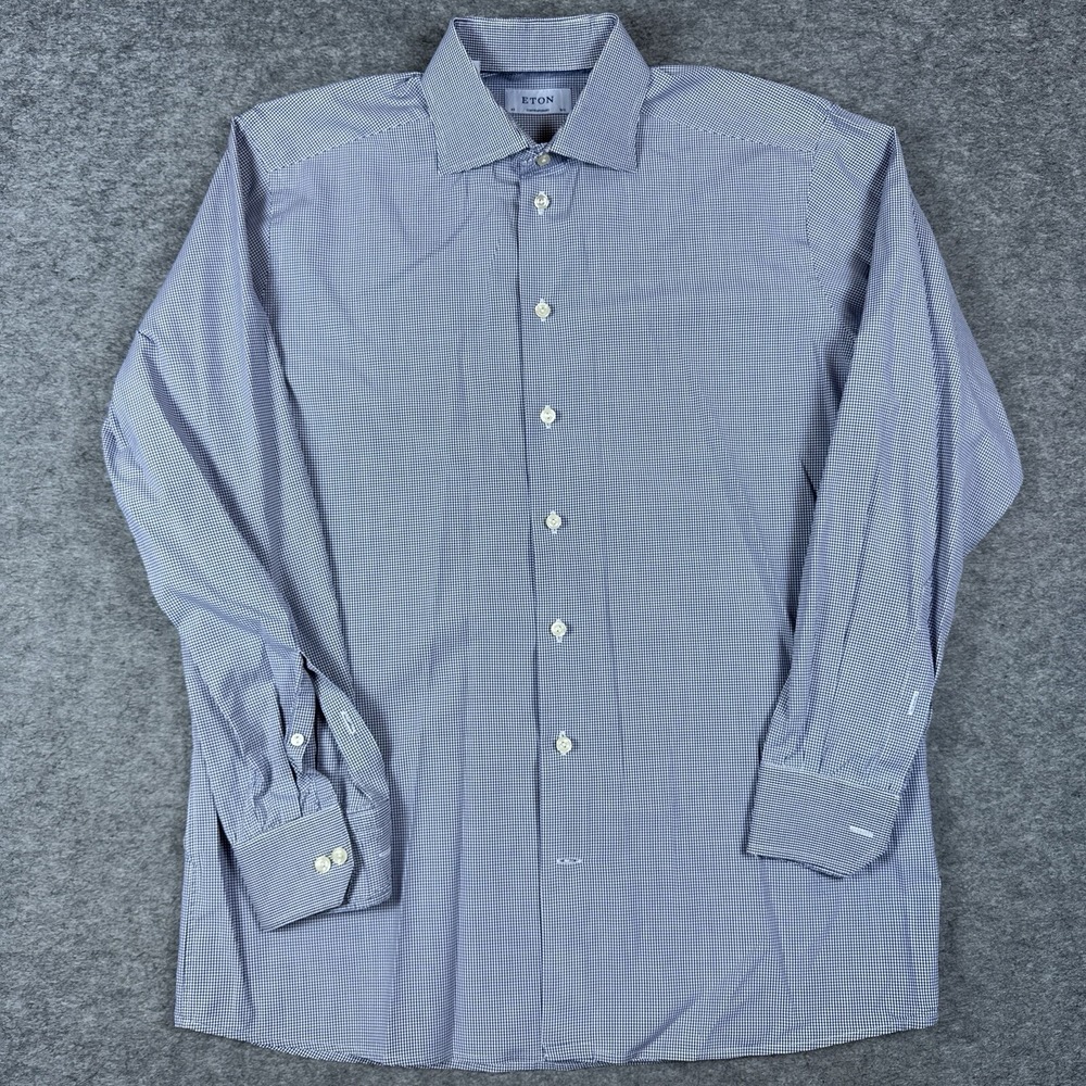 ETON Contemporary Shirt Mens 42 16.5 Twill White Blue Cotton Check